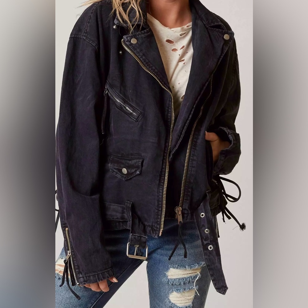 Free People Oversized Moto Jacket Black Denim Belted Lace Up Small Boho Biker - Picture 1 of 15